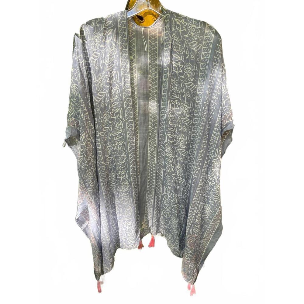 Modena Women’s Kimono with  Blue and white floral geometric with Tassels OS